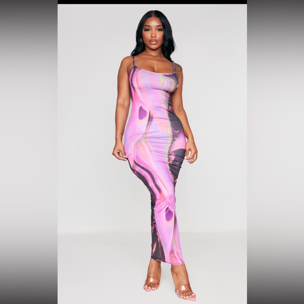 Shape Pink Abstract Print Slinky Spaghetti Strap Midaxi Dress